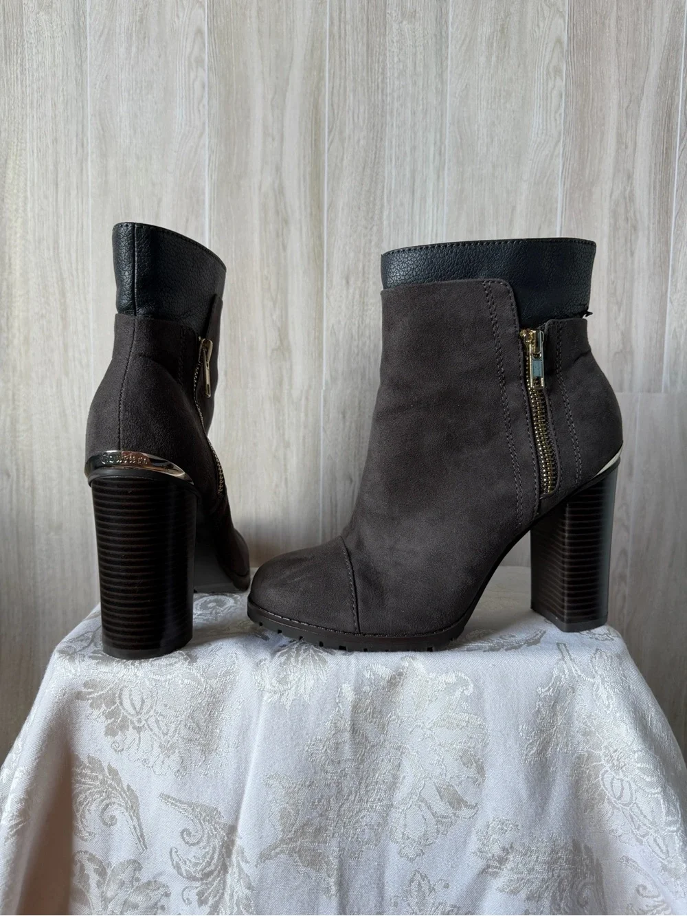 Juicy Couture Charcoal Suede Block Heel Ankle Boots with Black Cuff
